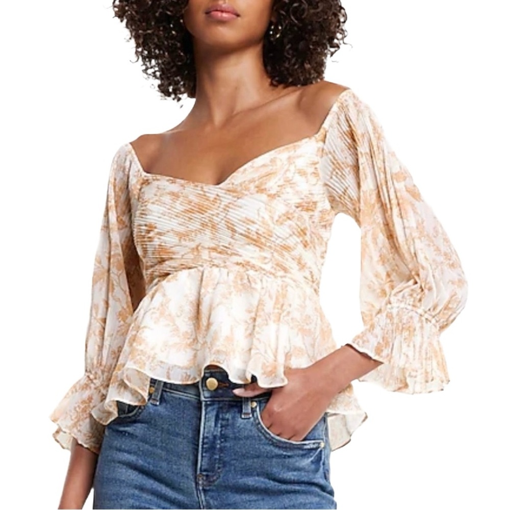Express Cottagecore Floral Puff Sleeve Cream Peplum Blouse Romantic Coquette Top